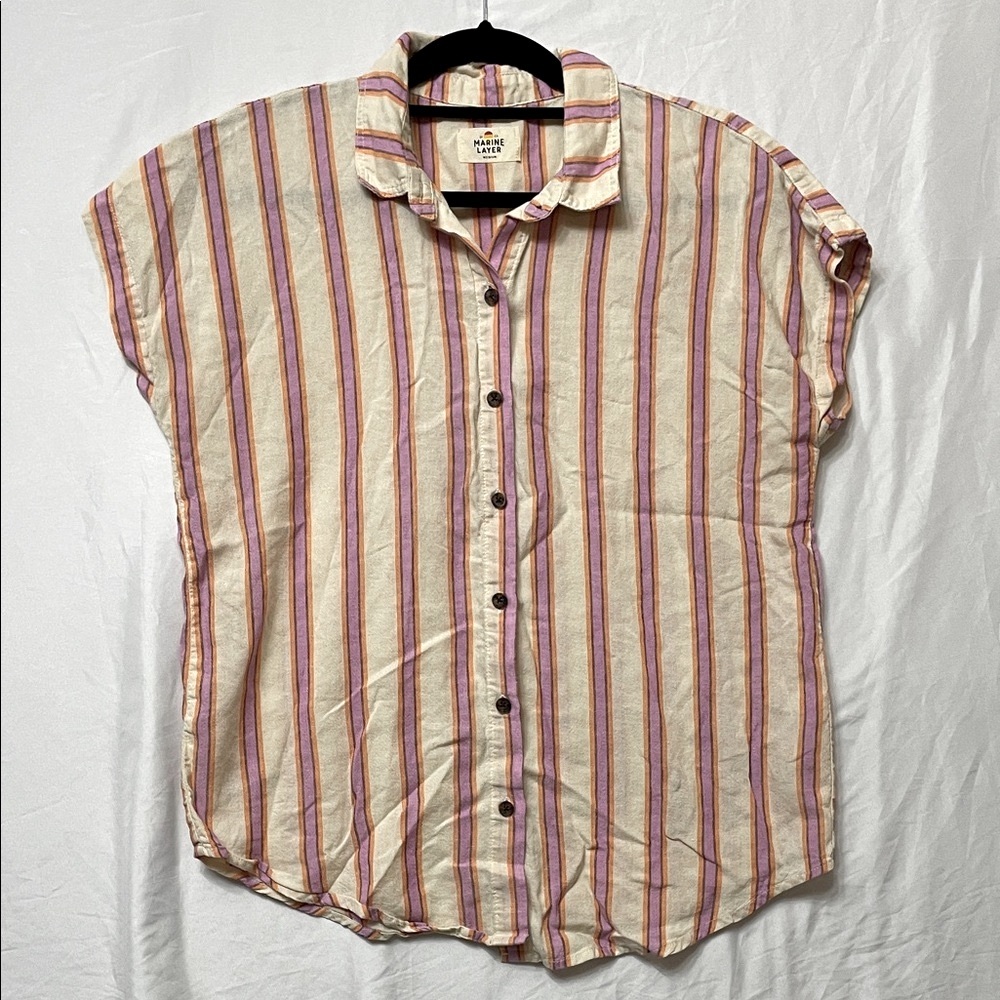 Linen Blend Marine Layer Pink Cream Orange Striped Button Down Short Sleeve Top